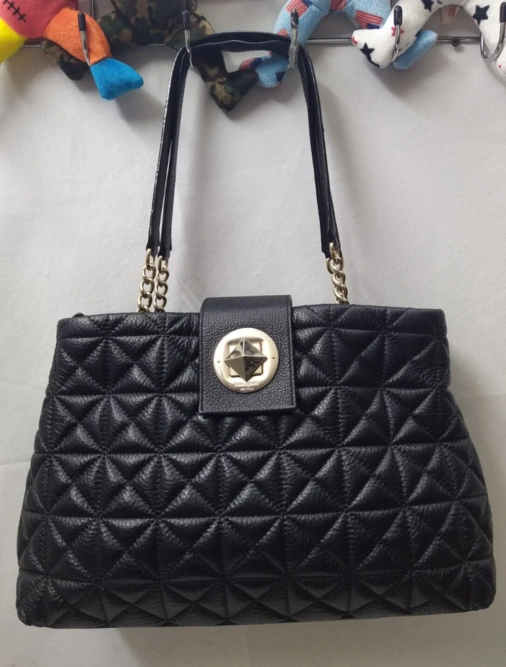 Kate Spade Black Leather Quilted Chain Strap Turn Lock Satchel Shoulder Bag